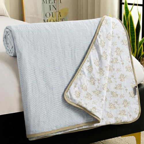 Image of Story@Home Comforter Single Bed Cotton 100%| 150GSM 144 X 220 cm Quilt AC Blanket for Summer | AC Comforter Single Bed | Beige & White, Floral & Geometric Reversible Design Duvet | All-Season Blanket