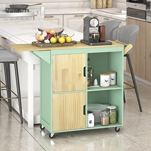 Usinso Rolling Kitchen Island, Kitchen Island Storage Cabinets On Wheels With Drop Leaf Countertop, Handle Racks, Caster Liquor Cart Suitable For Placing (Green) #TOP1