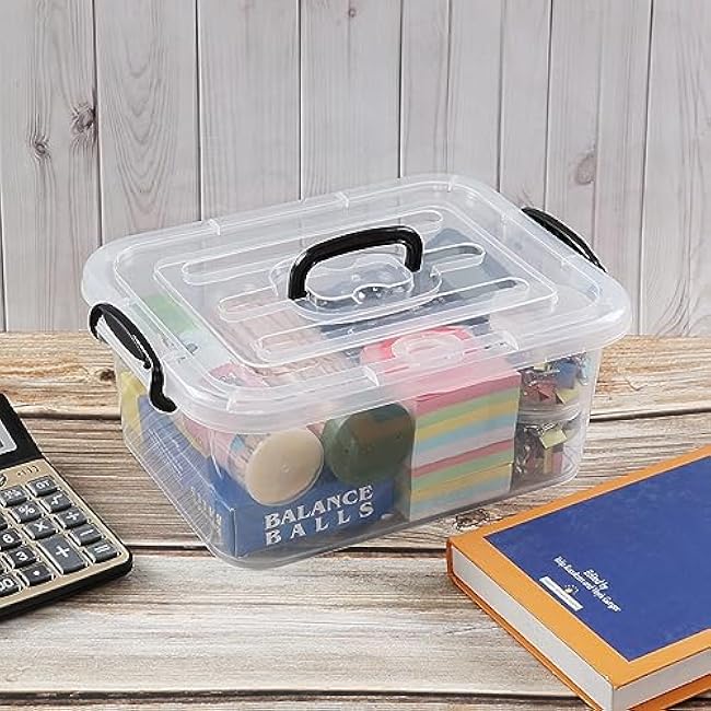 Quickquick 8 L Plastic Latching Box with Handle, Storage Latch Bins with Handles, Clear, 2 Packs