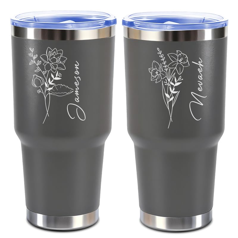 toyofmine Personalised 30oz Tumbler with Engraved Text & Birth Flower