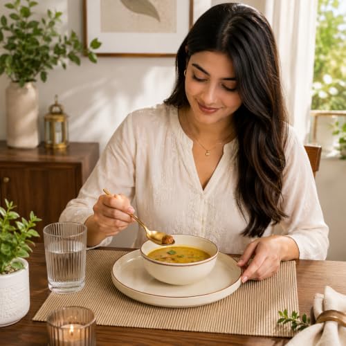 Image of MARKET 99 Melamine Plato Dinner Set of 12 Pcs | Glossy Round Dinnerware Set with 4 Full Plates, 4 Quarter Plates & 4 Soup Bowls | Elegant Plain Design | Lightweight, Durable & Easy to Clean Dining Set