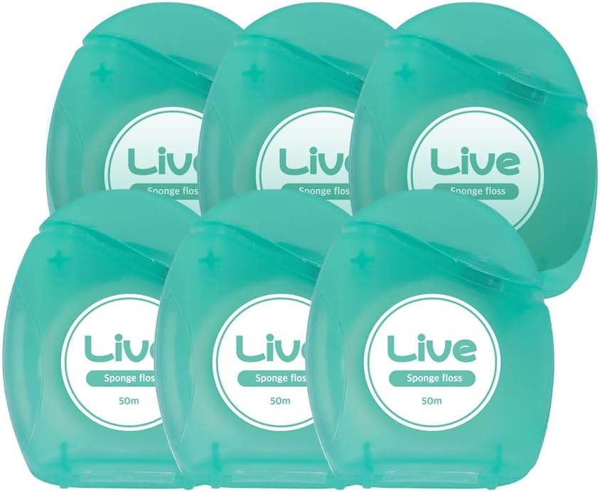 LiveOrals Live Sponge Dental Floss – 164ft (50m) Pack of 6, PFAS-Free, Non-Toxic Wax, Expanding 3D Mesh for Gentle & Effective Cleaning Between Teeth