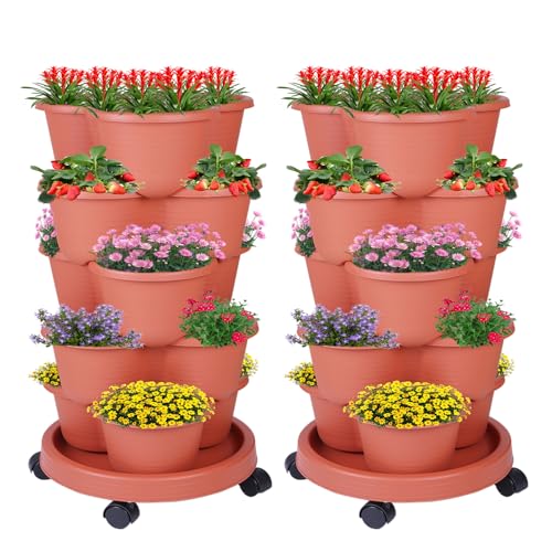 Pinky Family 5-Tier Vertical Garden Tower Stackable Planter for Strawberries, Flowers, Vegetables & Herbs 2-Pack