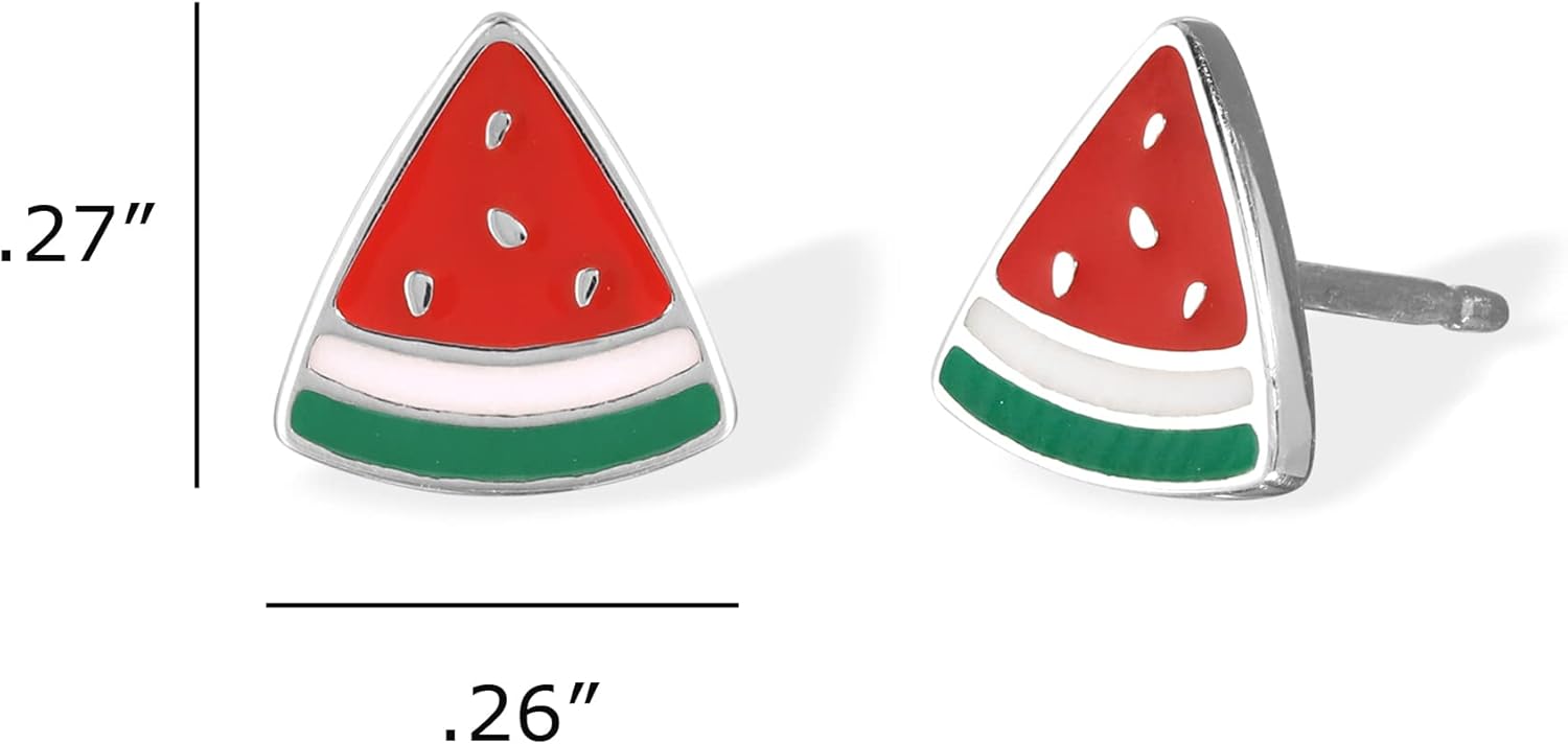 Boma Jewelry Sterling Silver Watermelon Fruit Stud Earrings with Hand Painted Red Enamel