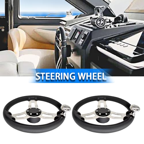 Mojiate Stainless Steel Steering Wheel,13.5'' Anti-Slip PU Foam Cover Steering Wheel with Power Grip Knob, Marine Steering System with Aluminum Mounting Base for Boats, Yachts, Pontoon Boats and More - Thumbnail 4