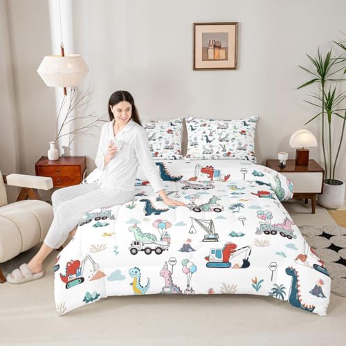 Image of Feelyou Cartoon Dino Excavator Comforter Set Twin Size,Cartoon Car Dinosaur Construction Kids toddler Vehicles Site Cars Duvet Microfiber Quilt