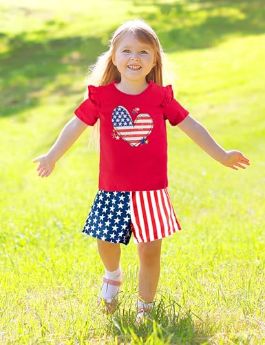 Image of Toddler 4th Of July Outfit Girl 2t-3t Girls 4th Of July Outfit Cute Ruffle Red Top Star Stripe Shorts Patriot Set
