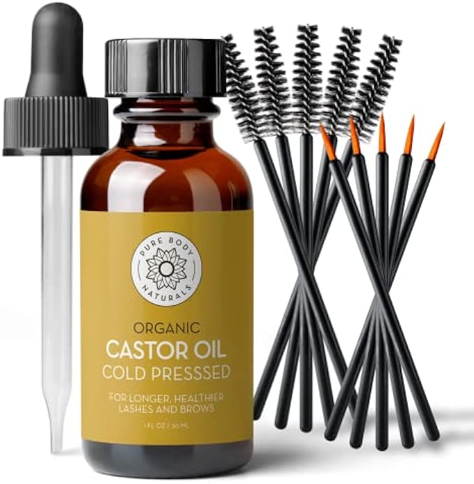 Organic Castor Oil for Eyelashes and Eyebrows with Applicator Kit, Brow and Eyelash Growth Serum by Pure Body Naturals, 1 fl oz