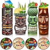 Tiki Mugs Set of 4 – Ceramic Hawaiian Party Mugs Drinkware, Tiki Bar Mugs for Cocktails, Premium Tropical Cups Drinks for Exotic Party