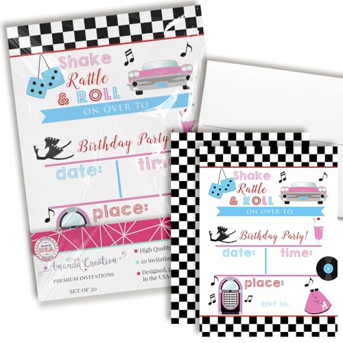 50's Sock Hop Birthday Party Invitations, 20 5x7 Fill In Cards with Twenty White Envelopes by AmandaCreation