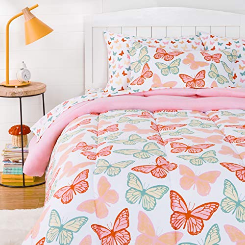 Amazon Basics Kid’s Soft, Easy Care Microfiber Bed-in-a-Bag 5-Piece Bedding Set, Twin, Butterfly Friends