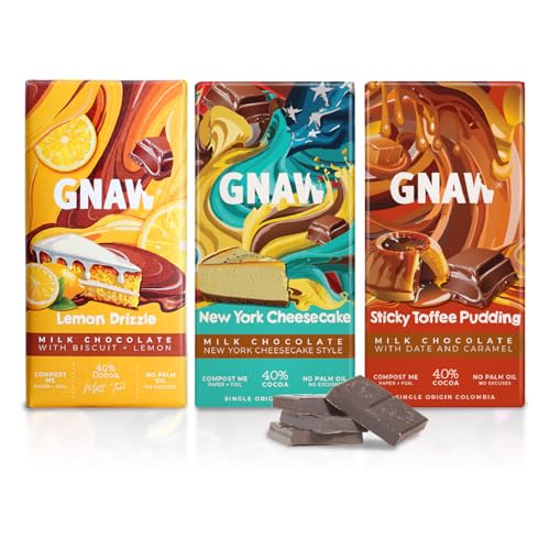 GNAW Luxury Milk Chocolate Bars Dessert Collection (3 x 80g) : Lemon Drizzle New York Cheesecake & Sticky Toffee Pudding | Letterbox-Friendly Gift Box Palm Oil Free