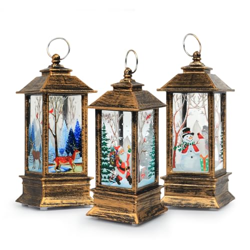 Christmas Lanterns, 3PCS Christmas Decorations Lights Vintage Xmas Candle with LED Tea Light Santa Claus Elk Snowman Pattern ,Fireless Candles Lamp for Party Decor Xmas Lantern Decorations