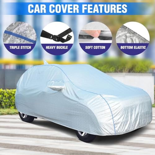 Image of 100% Waterproof Car Body Cover for Hyundai Grand i10 (2007-2013) with Mirror Pocket, Heat & UV Resistant, Triple Stitched, Soft Lining, Bottom Elastic & Piping (Silver Reflective)