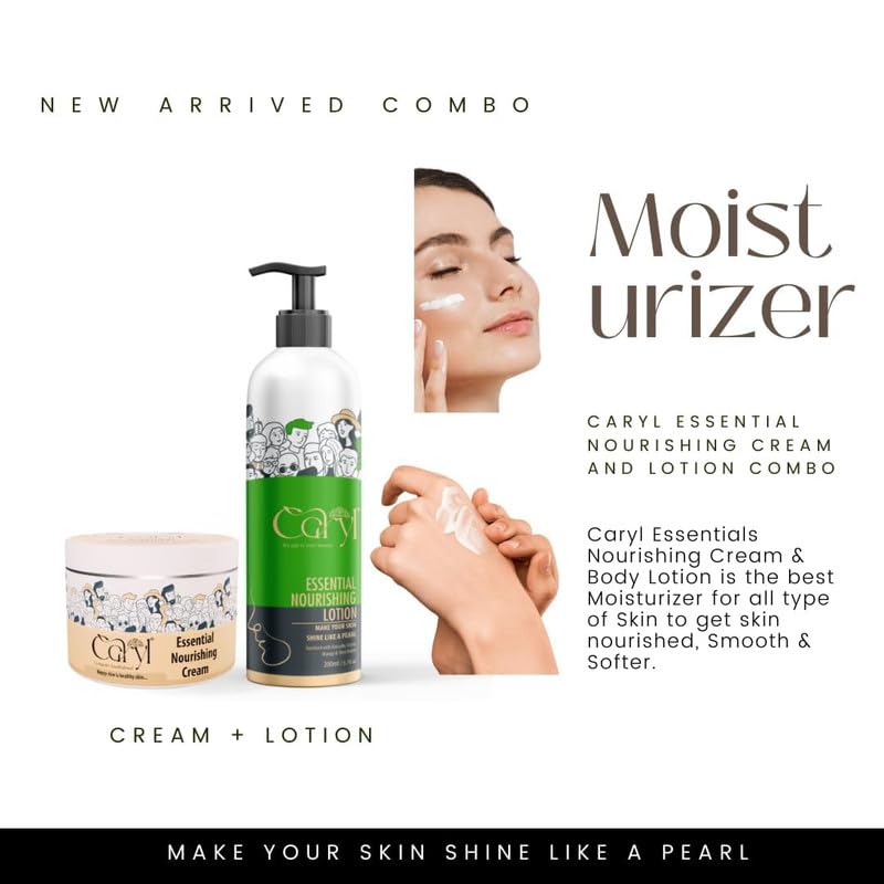 Image of CARYL Essential Nourishing Cream 100g & Body Lotion 200ml Combo Pack |Nourishing Moisture Cream for Dry Skin Women, Men | Non-Sticky, Long-Lasting, Intense Hydration Skincare Kit | Soft, Smooth & Healthy Skin Moisturizer Lotion for All Skin Type | Best For Gift