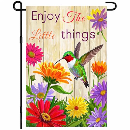 IVN Hummingbird Spring Garden Flag 12x18 Inch Enjoy The Little Things Quote Rustic Flower Wood Daisy Colorful Wildflower Floral Garden Double Sided Vertical Small Yard Flag Seasonal Outdoor Decoration for Outside Home Front Door Lawn Porch Patio Spring Summer Decor