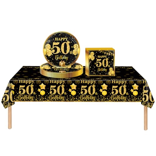 COSORO 37 Piezas Juego de Oro Negro Fiesta Decoración de Cumpleaños para 50 Años,Manteles Bandejas y Servilletas Fiesta Vajilla Cumpleaños Fiestas Decoracion de Mesa para 50 Años Hombres y Mujeres