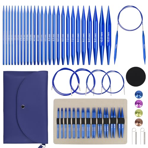 Reessy Circular Knitting Needles, Interchangeable Circular Knitting Needles Set with Case & Accessories, 13 Pair of Round Knitting Needle 3mm-10mm, Circular Knitting Kit for Beginners Adults-Blue