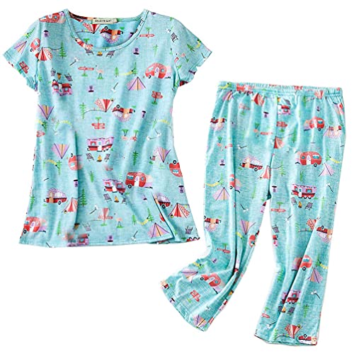 ENJOYNIGHT Womens Pajama Sets Cotton Summer Pjs Tops with Capri Pants Sleepwear (Green Bus, 3X-Large)