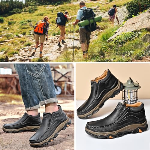 Men's Leather Hiking Shoes, Slip on Loafers Walking Boots, Waterproof Causal Sneakers, Work Walking Slippers, Easy Wear on/Off2