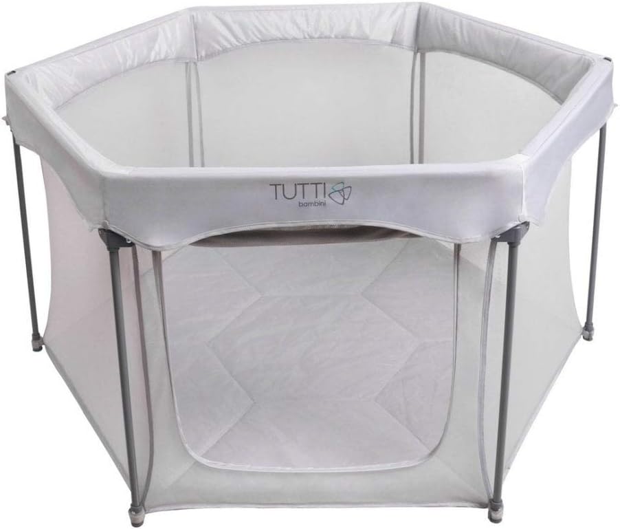 Tutti Bambini Baby Playpen - Foldable Playpen for Baby and Toddlers with Breathable Mesh Walls, Padded Frame, Zip Door & Fitted Playpen Mat, Baby Play Pen with Travel Bag (135 x 135 x 75 cm), Silver