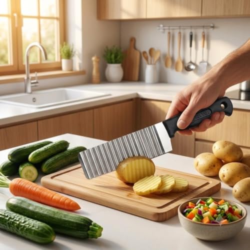 Image of Potato Chipper Crinkle Cutter Knife,Stainless Steel Potato Cutter Wavy Blade Chip Slicer,Kitchen Gadget Cutting Knife (Pack of 1)