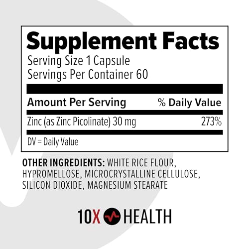 Image of 10X Health Zinc 30mg - 60 Capsules | Zinc Supplements: DNA & Protein Synthesis, Immune Support, Highly Absorbable, 60ct