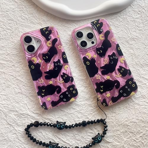 Coque iPhone 17 chat mignon avec chaîne rose et sangle
