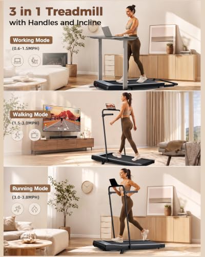 Image of Superun 3 in 1 Under Desk Treadmill with Handrails and Incline, Portable Folding Walking Pad for Home Office, 2.5 HP Quiet Mini Treadmill with LED Display & Remote, 300 Lbs Capacity, Black