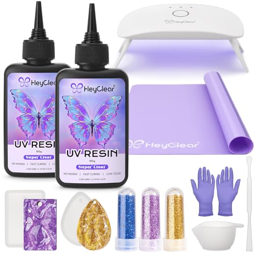 HeyClear UV Resin Kit with Light -200g Crystal Clear Hard Resina UV Light Fast Curing UV Glue for Beginners Crafting Molds Jewelry Making DIY Craft Decorations
