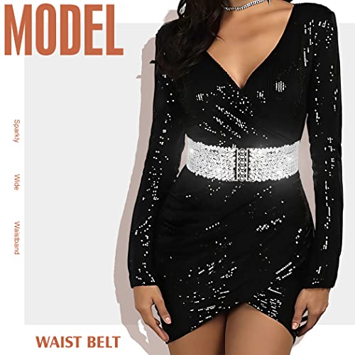 BODIY Women Stretch Wide Waist Belt Sequin Elastic Dress Belts Sparkly Waistband Cinch Belt3