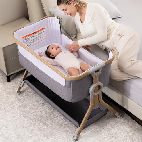Image of Larex Baby Bassinet Bedside Sleeper Crib Co Sleeper for Newborn Infant Toddler with Mosquito Net, Storage Bag & Basket, 5-Height Adjustable, Movable Wheels, Breathable Mattress & Mesh (Dark Gray)