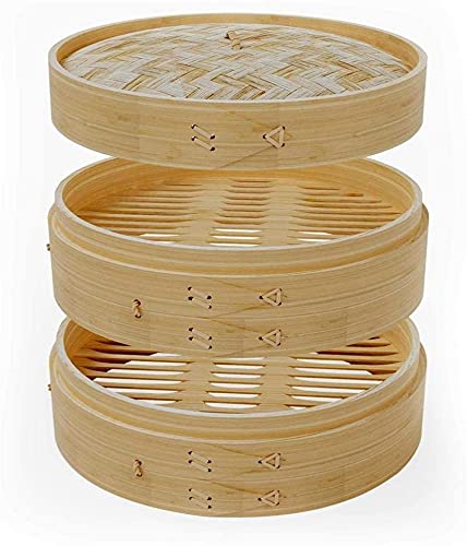 蒸篭(本体2個・蓋1個) せいろ蒸し ヘルシ蒸し器、蒸し多用途 餃子 饅頭 点心 家庭用 業務用 天然竹蒸し器 大容量 食卓 料理 (21cm)
