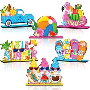 6 Pcs Summer Table Decor Sign Wooden Table Centerpiece Hello Summer Decorations for Office Flamingo Gnome Beach Tabletop Decoration for Home Kitchen Office Party Shelves Tiered Tray Decor
