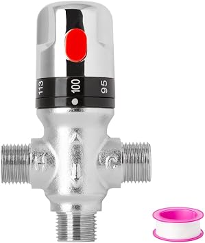 WiseWater 3-Way Thermostatic Mixing Valve, 1/2" NPT Thread Chrome Plated Brass, Fahrenheit Scale Mark, Constant Temperature Control for Bathroom Faucet and Shower
