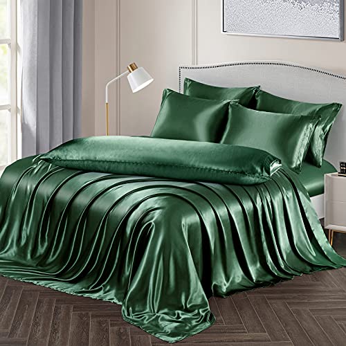 Image of Ersmak 7 Pieces Satin Sheets Set Queen Size, Luxury Silky Emerald Green Satin Bed Sheets Set with 1 Deep Pocket Fitted Sheet, 1 Soft Flat Sheet, 4 Queen Pillowcases and 1 Body Pillowcase