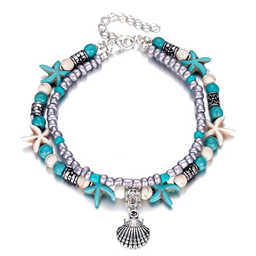 Kucheed Boho Anklets Blue Starfish Turtle Multi-Layer Charm Beads Beach Handmade Anklet Foot Jewelry Gifts for Women Girls (Shell)