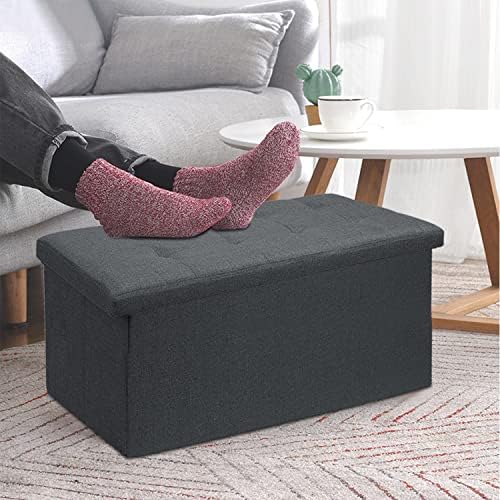 Dripex Large Foldable Storage Ottoman Box Footstool, Fine Linen Seat Bench Footrest, Max Load Up 300Kg, With Fastening Divider, For Living Room Bedroom Hallway, 110×38×38cm(Dark Grey)