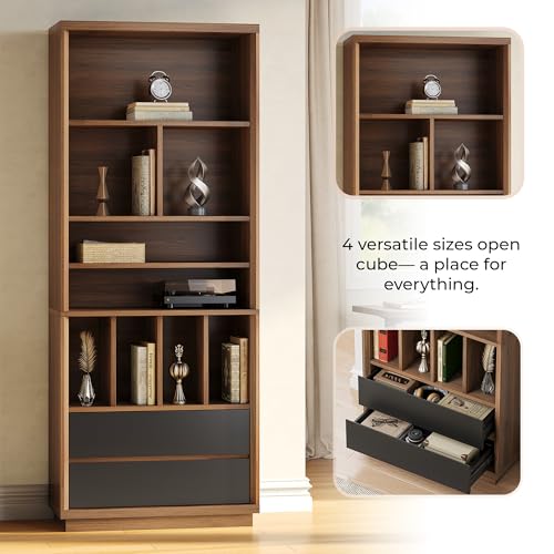 Bookcase with 2 Drawers, 9 Open Storage Cubes | 78.7" Tall Bookshelf, Modern Display Wooden Bookcases for Home Office, Living Room, Study, Black Walnut - Image 4