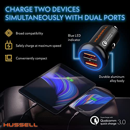 Hussell Car Charger Adapter For Cigarette Lighter - Fast Charge, Mini, Aluminum, Portable 3.0 Car Chargers With Dual Usb Ports - Compatible With Iphone, Android, Samsung Galaxy - Stocking Stuffers #TOP3