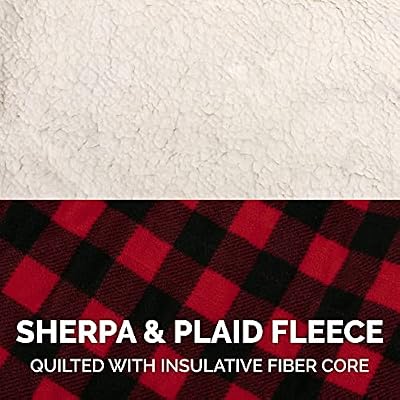 Furhaven Reversible Medium Dog Coat, Washable & Insulating w/ Leash Access - Sherpa & Plaid Fleece Flex-Fit Jacket - Cream/Red, Medium
