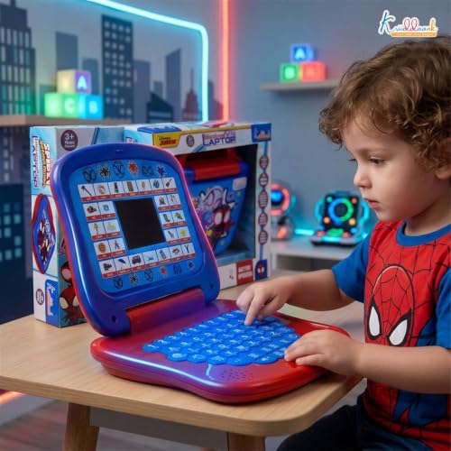 Image of Spiderman Educational Learning Laptop Toy for Kids with LED Display & Music, Preschool Computer for Boys & Girls 3+ Years, ABC Alphabet & Number Learning, Birthday Gift - Blue & Red