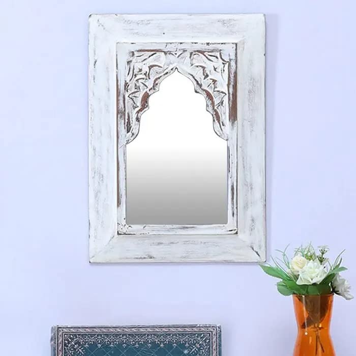 JL Home Decor Handmade Decorative Wall Decor Mirror Frame | Carved in Solid Hard Wood | Vintage Mirror Frame for Bedroom | Wall Mirror | Dinning Room | Living Room | Wall Decor (White)