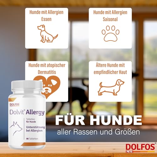 Dolvit Allergy 90 Tabletten, Allergie Tabletten für Hunde gegen Juckreiz & Dermatitis, Natürliches Ergänzungsfutter Hund zur Fellpflege, Hautgesundheit & Unterstützung bei Allergie Hund