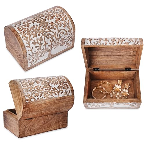Ajuny Caja de almacenamiento decorativa hecha a mano para joyas y multiusos con tallados del árbol de la vida de color blanco y marrón, ideal para regalos