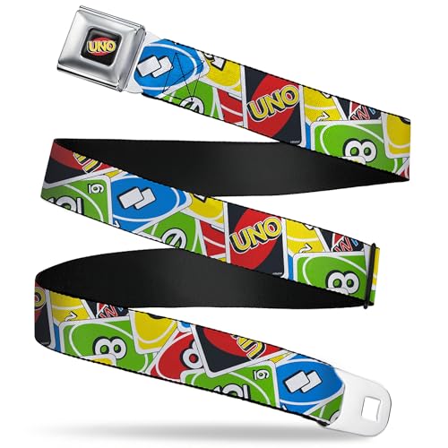 Mattel Belt, Seatbelt Buckle Belt, UNO Cards Stacked Collage Multi Color, Youth 20 to 36 Inches