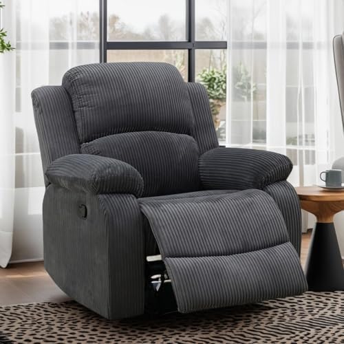 Image of Manual Recliner Chair, Oversized Corduroy Fabric Single Sofa, Grey | Manual Recliner Chair, Single Corduroy Reclining Chair, Breathable Fabric,Adjustable Backrest