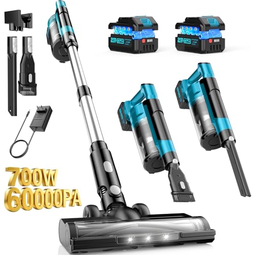 700W Cordless Vacuum Cleaners for Home with 2*Battery 8000mAh, 60kPa Brushless Rechargeable Stick Vacuum with 3 Mode, 6 In 1 Portable Handheld Cordless Vacuum for Pet Hair /Hardwood Floor/Carpet /Dorm
