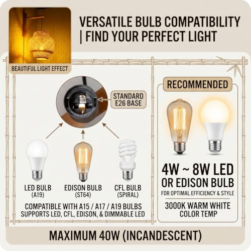Image of Farmhouse Rattan Plug in Wall Sconce for Bedroom, Bamboo Hanging Wall Lamp