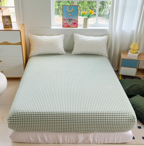 Image of Mucalis Green Gingham Fitted Sheet Queen Only Deep Pocket 16 Inch 100% Washed Cotton Tan White Plaid Checkered Bottom Sheet,Soft,Breathable,Easy Care